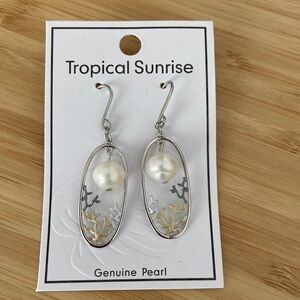 Tropical Sunrise Women’s Oval Tri-Colored Coral Genuine Pearl Pierced Earrings